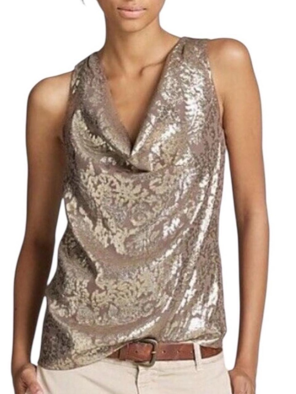 NWT J. Crew Silk Metallic Gold Jacquard Draped Cowl Neck Sleeveless Top Sz 2